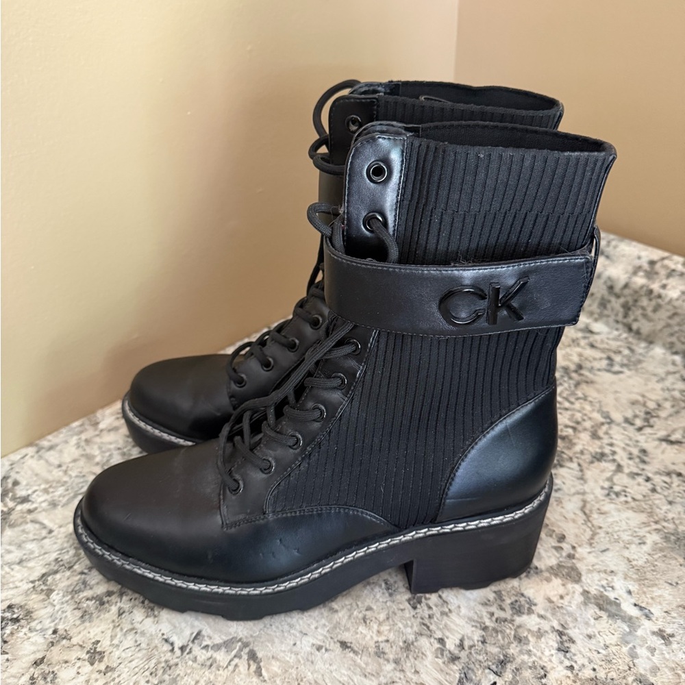 Calvin Klein Black Lace-Up Moto Boots - Picture 2 of 5